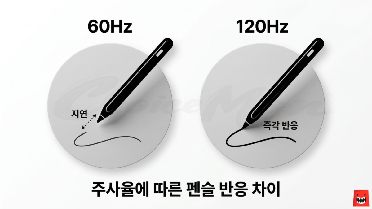60Hz와 120Hz 주사율에 따른 애플 펜슬 필기 반응 차이