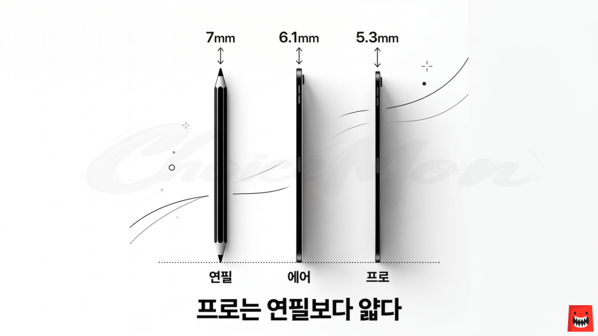 아이패드 에어 6.1mm와 프로 5.3mm 두께를 연필과 비교한 수치