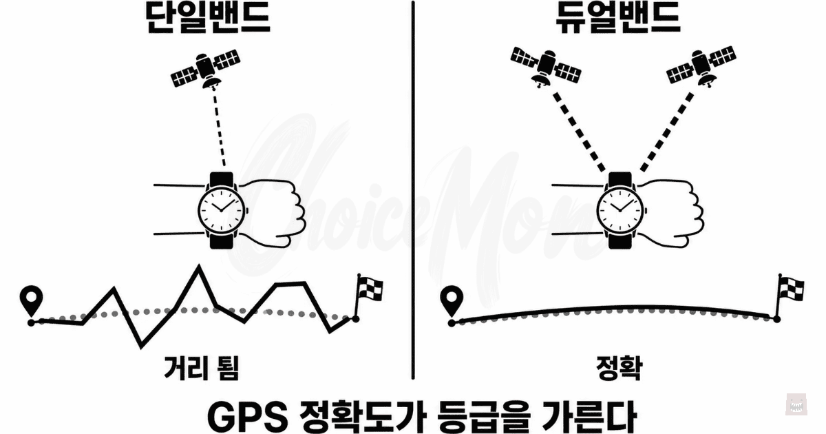 단일밴드 GPS와 듀얼밴드 GPS의 거리 측정 정확도 차이를 좌우 비교한 인포그래픽