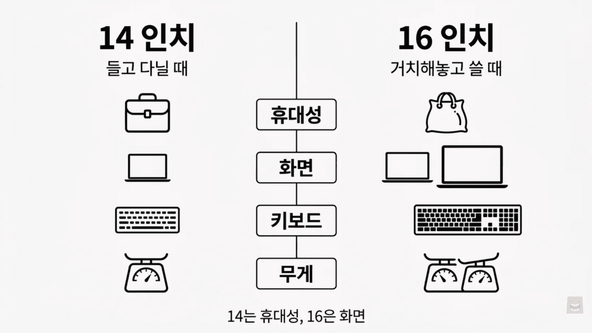 14인치와 16인치 노트북 휴대성 화면 키보드 무게 네 가지 항목 비교