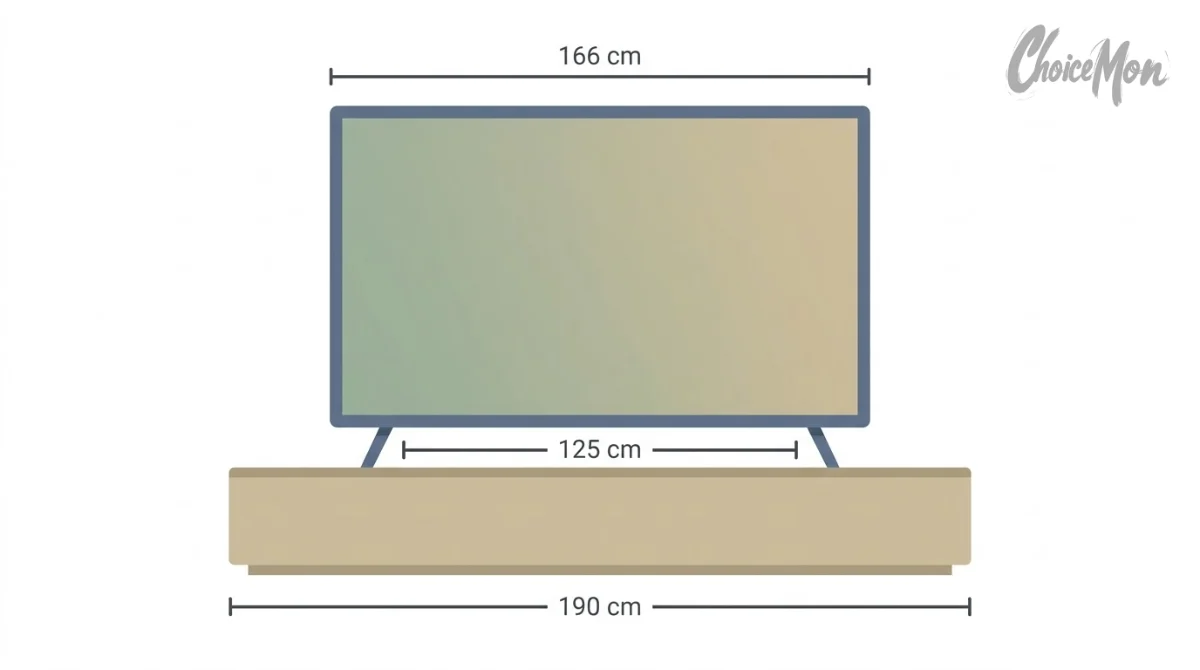 75인치 TV 가로 166cm와 다리 간격 125cm에 맞춘 거실장 폭 190cm 기준 도식