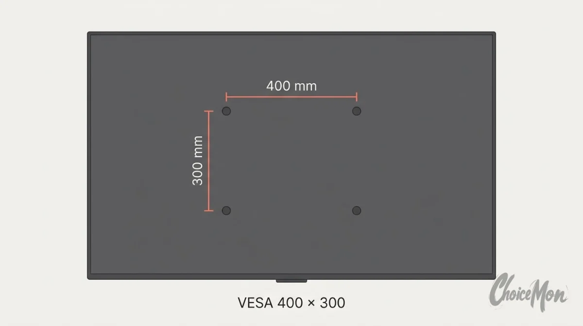 TV 벽걸이 거치대 VESA 400×300 나사 구멍 간격을 보여주는 도식